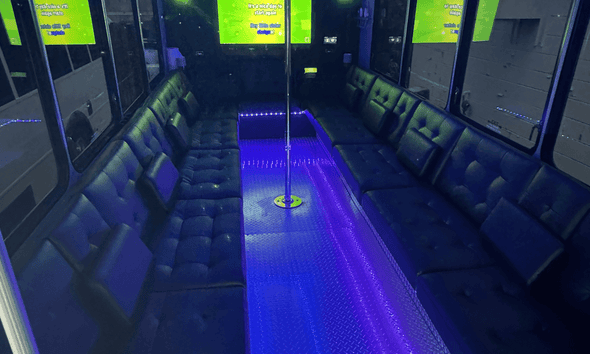 Party bus interior with lounge seating